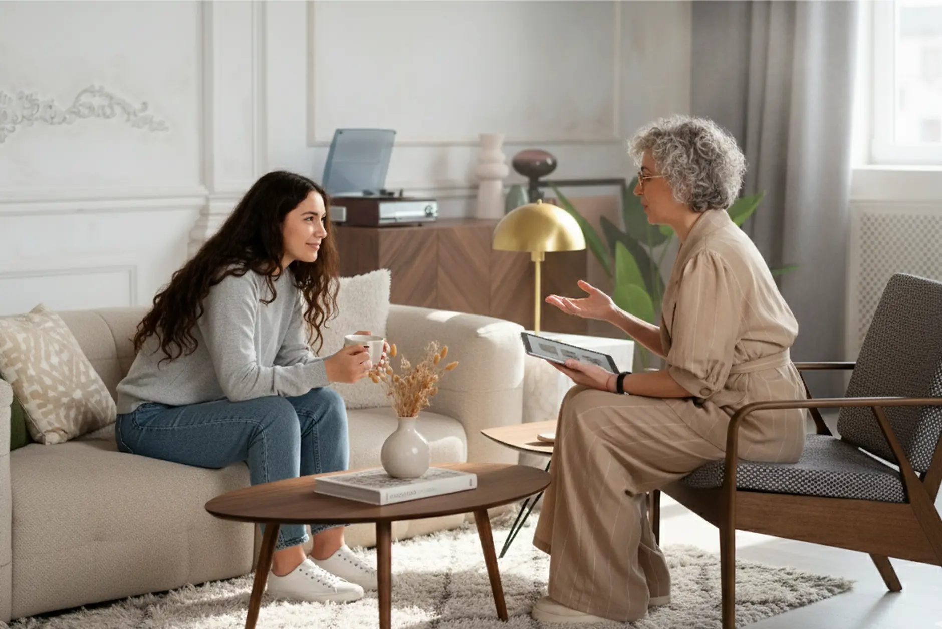 Two women sit in a living room having a conversation about high-functioning anxiety therapy; one is holding a mug and smiling, while the other gestures with one hand and holds a digital tablet. A coffee table with a vase is between them.
