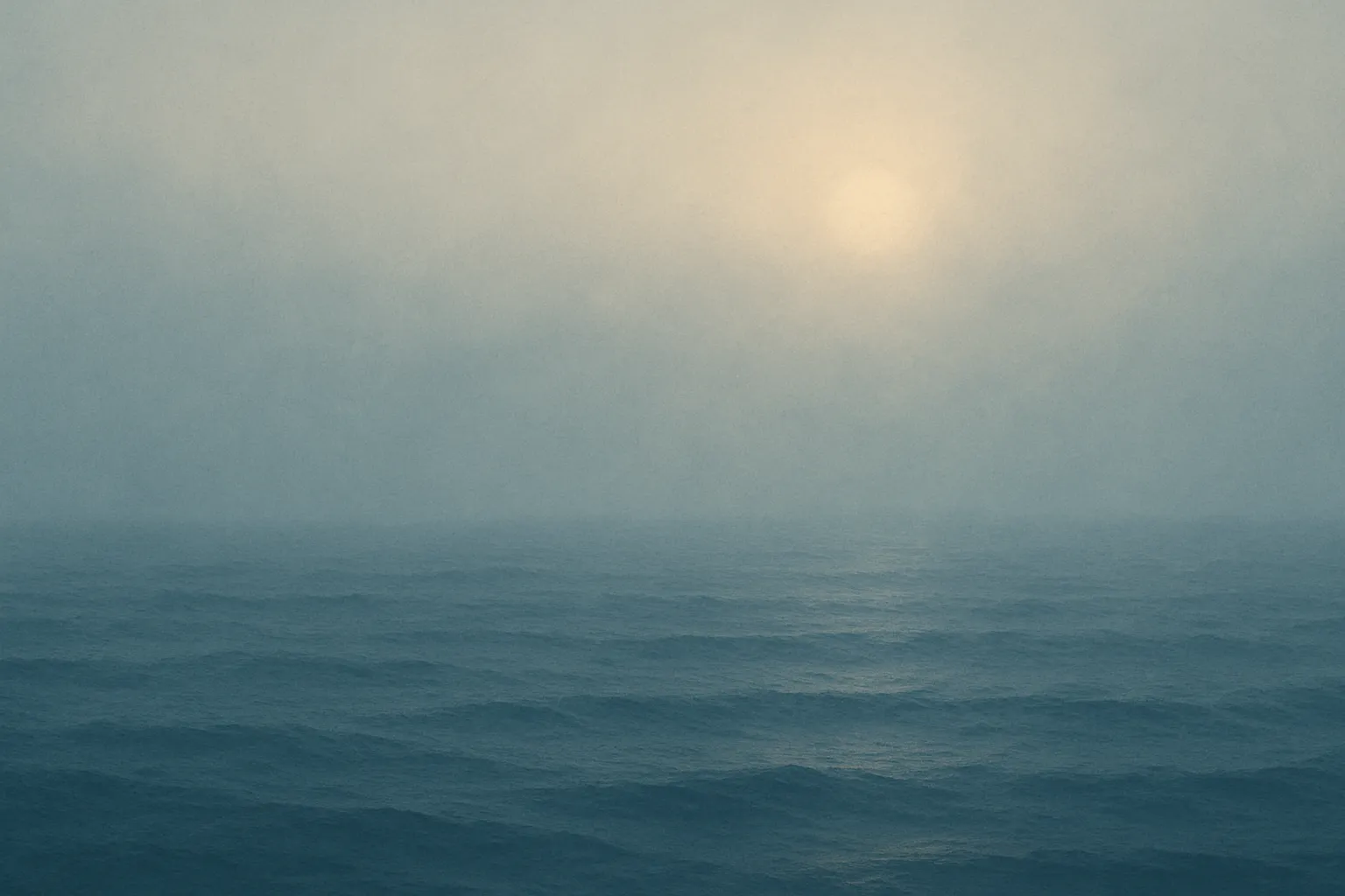 A calm ocean with gentle waves under a hazy sky; the sun is faintly visible through the mist, adding complexity and nuance to the peaceful and serene atmosphere.