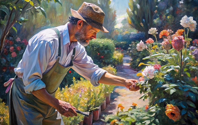 A man in a straw hat and apron tends to blooming flowers in a sunlit garden, surrounded by greenery and colourful plants. Engaging in gardening sparks creativity and offers psychological healing as he gently touches a flower under the warm sunlight.