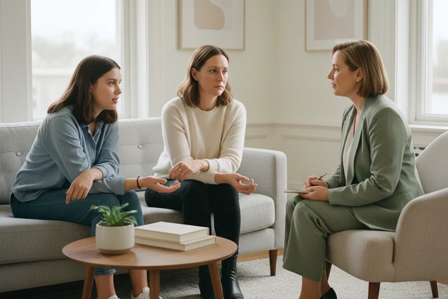 Three women sit in a lounge; two on a sofa and one on an armchair holding a notebook, engaged in what could be a mother-daughter therapy session. A coffee table with books and a plant is in front of them, creating a setting reminiscent of Harley Street.