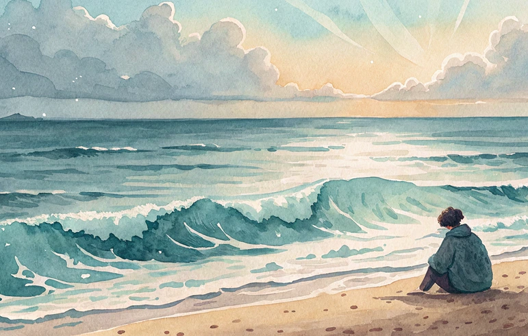 A person sits alone on a sandy beach facing the sea, watching gentle waves under a colourful sky at sunrise or sunset—a peaceful scene that invites reflection and inspires The 3 C Method Resilience amidst nature’s calm embrace.