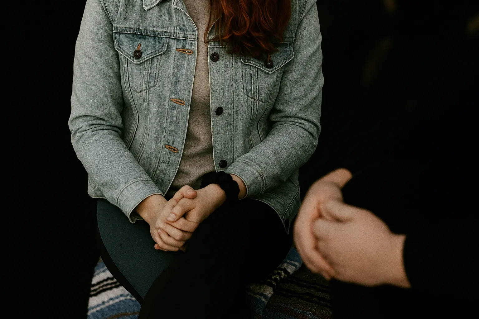 Two people sit facing each other; one in a light denim jacket with hands clasped in their lap, the other’s hands and part of a dark jumper visible—an intimate moment that evokes attachment-based therapy for relational patterns.
