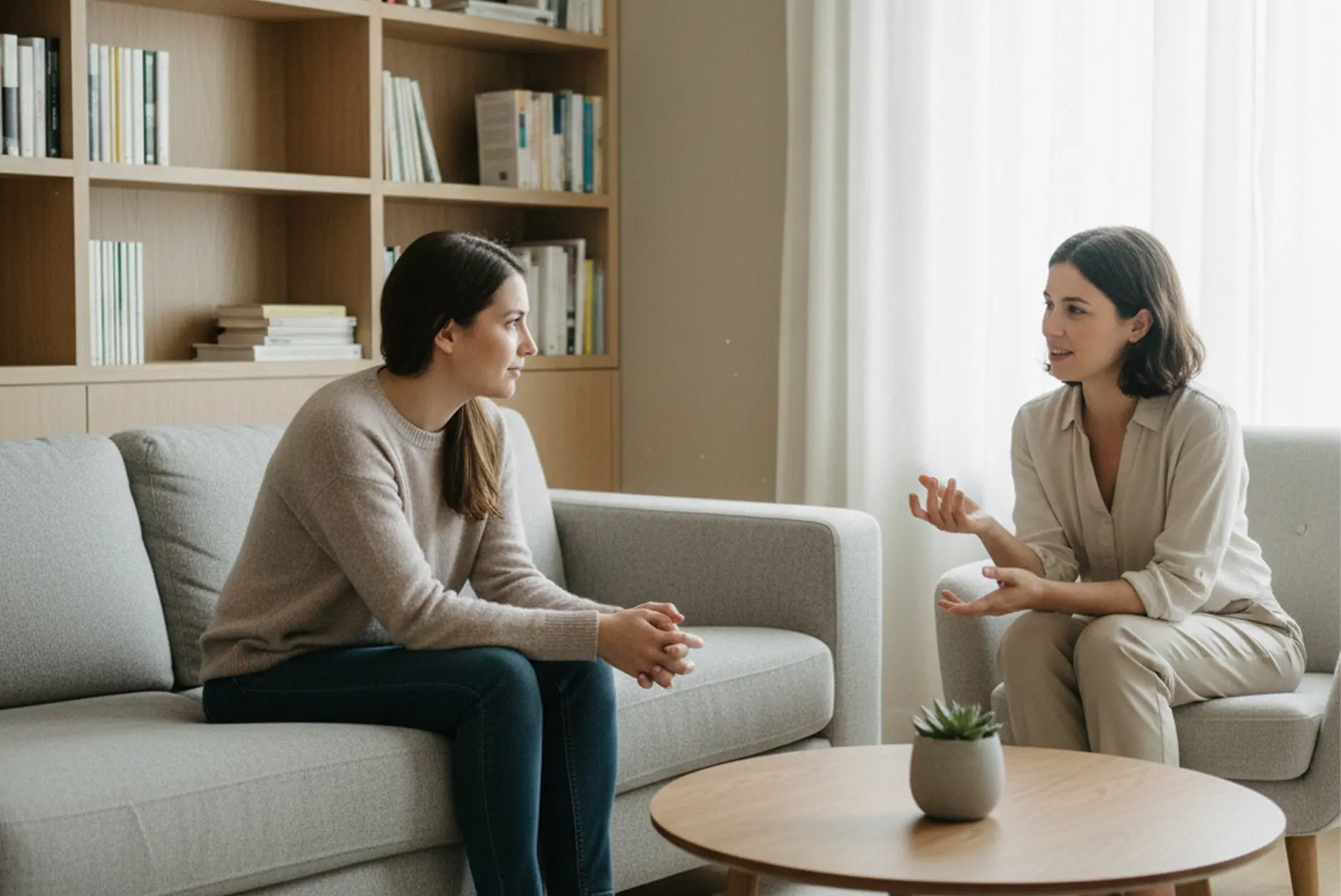 Two women sit facing each other on sofas in a bright lounge, engaged in a conversation resembling a CBT therapy Harley Street session. One gestures as she speaks, while the other listens. Bookshelves and a small plant are visible in the background.