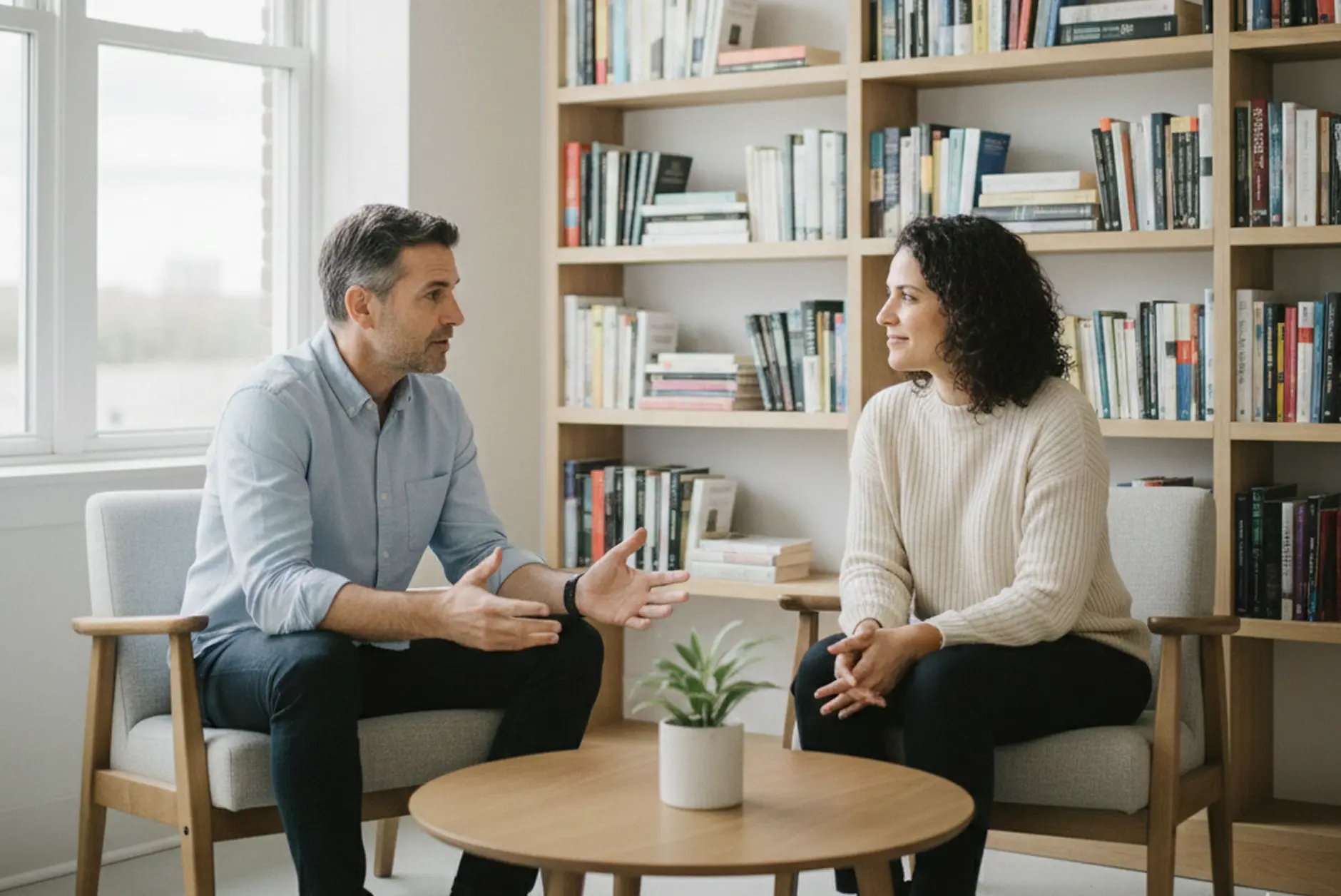 A man and a woman sit facing each other in armchairs, having a conversation in a bright room on Harley Street with bookshelves in the background—a scene reflecting father wound therapy, with a small table and plant between them.