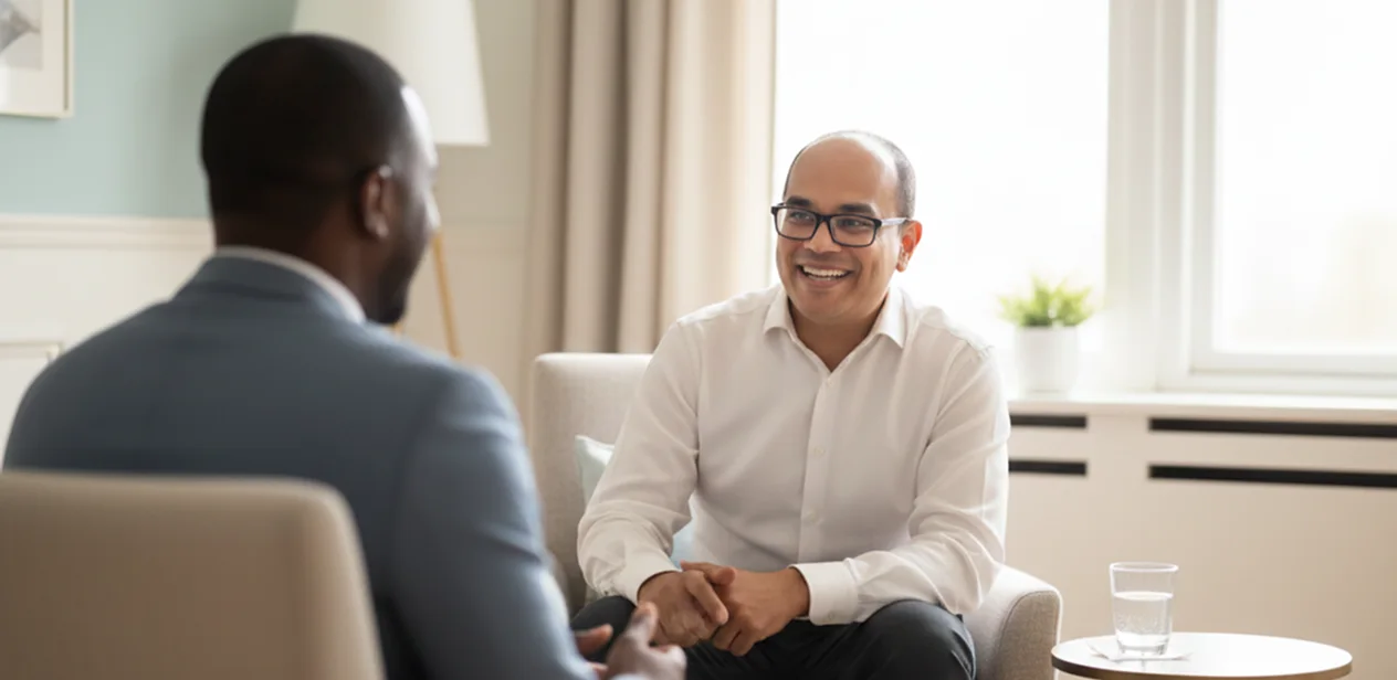Two men sit facing each other in what appears to be a private therapy session in London. One man, smiling and wearing glasses and a white shirt, listens as the other speaks. A window and small table are in the background—Private Therapy Fees London apply.