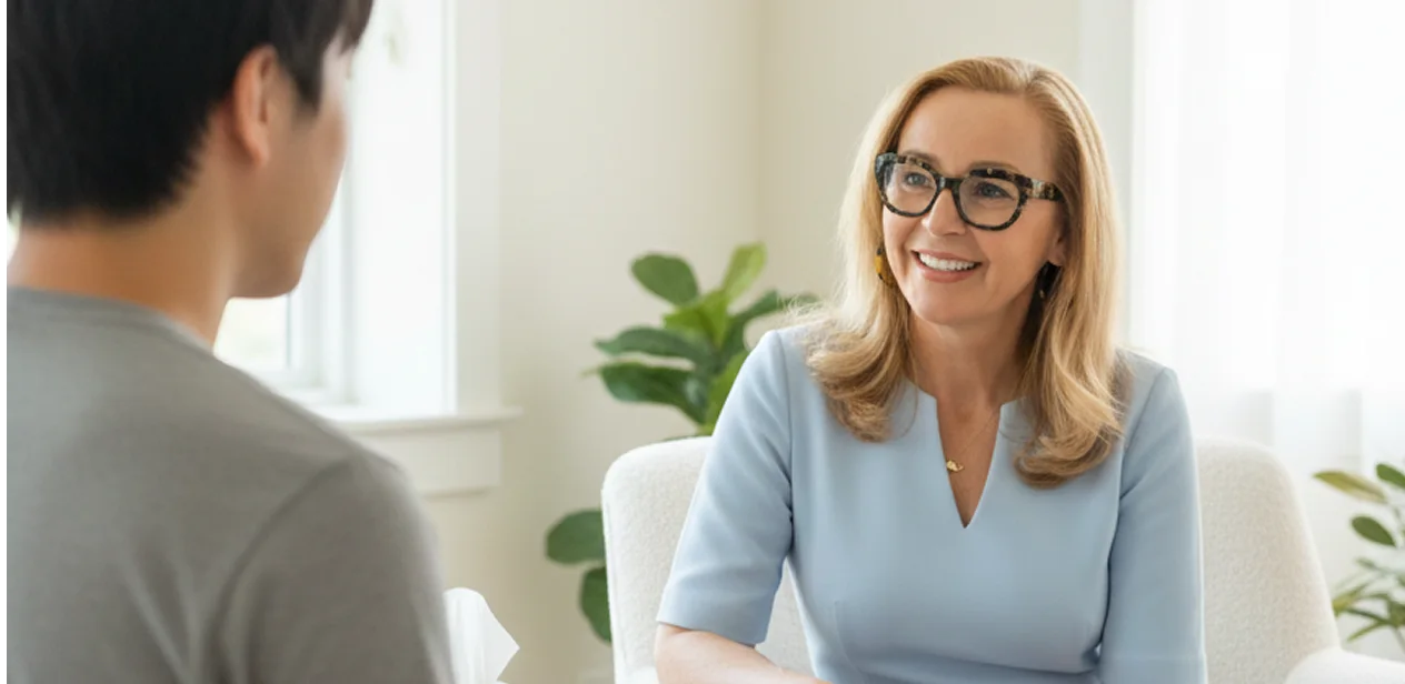 A woman with blonde hair and glasses smiles whilst discussing Private Therapy Fees London with a person in a grey shirt, both seated in a bright room with green plants and white walls.