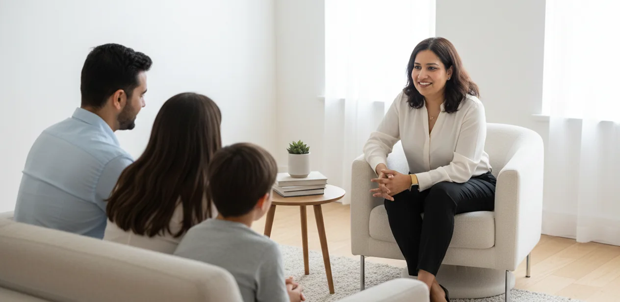 A woman sits in an armchair, smiling and talking to a man, woman, and child seated on a sofa in a bright, modern room—an inviting space for discussing private therapy fees in London during a counselling session.