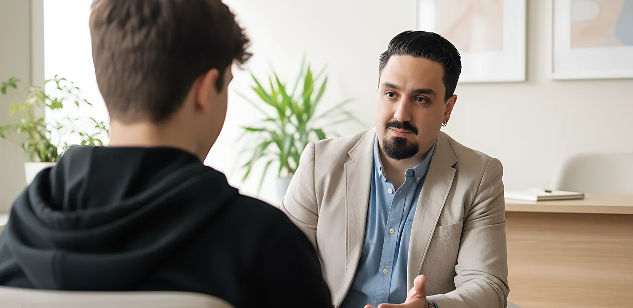 A man in a light blazer attentively listens to a teenage boy in a black hoodie during a conversation in a bright, modern office with plants and framed pictures—highlighting the personal touch found alongside Private Therapy Fees London.