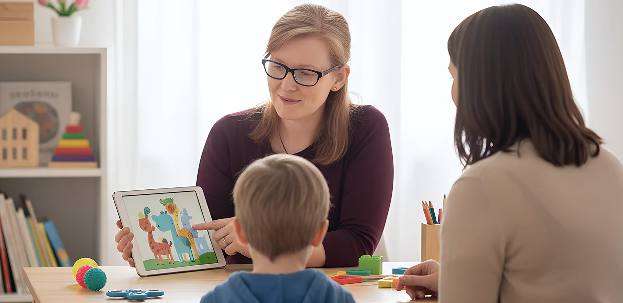 A woman shows a tablet with colourful animal illustrations to a young boy, while another woman sits nearby. Toys and art supplies are on the table in a bright, cosy room—an inviting setting for discussing private therapy fees in London.