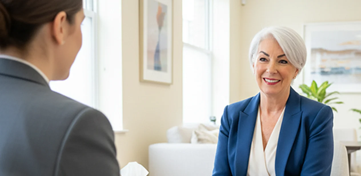 Two women in business attire sit facing each other in a bright office. One, with short grey hair and a blue blazer, smiles warmly whilst discussing Private Therapy Fees London as the other, seen from behind, listens attentively.