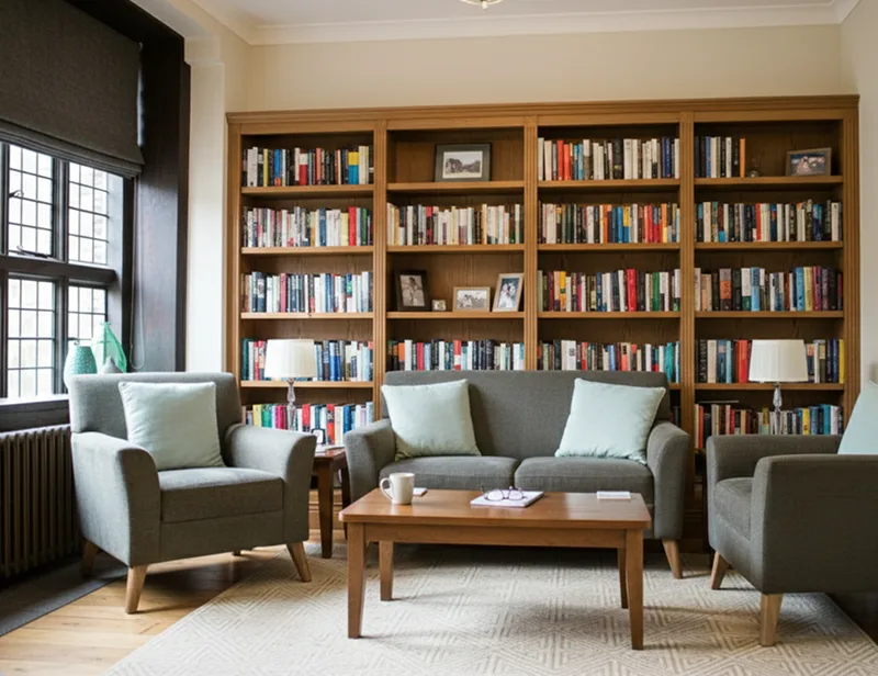A cosy living room with two armchairs and a sofa around a wooden coffee table, set in front of large bookshelves filled with books. Soft lighting and a window with a black blind evoke the welcoming feel of London Trusted Therapy, Harley Street.
