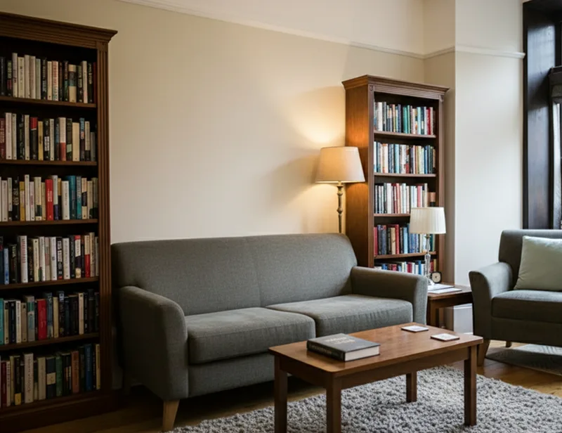A cosy living room with a grey sofa, wooden coffee table, two bookcases filled with books, a floor lamp, and a soft rug. Natural light streams in as you relax—Contact London Trusted Therapy Harley Street for support.