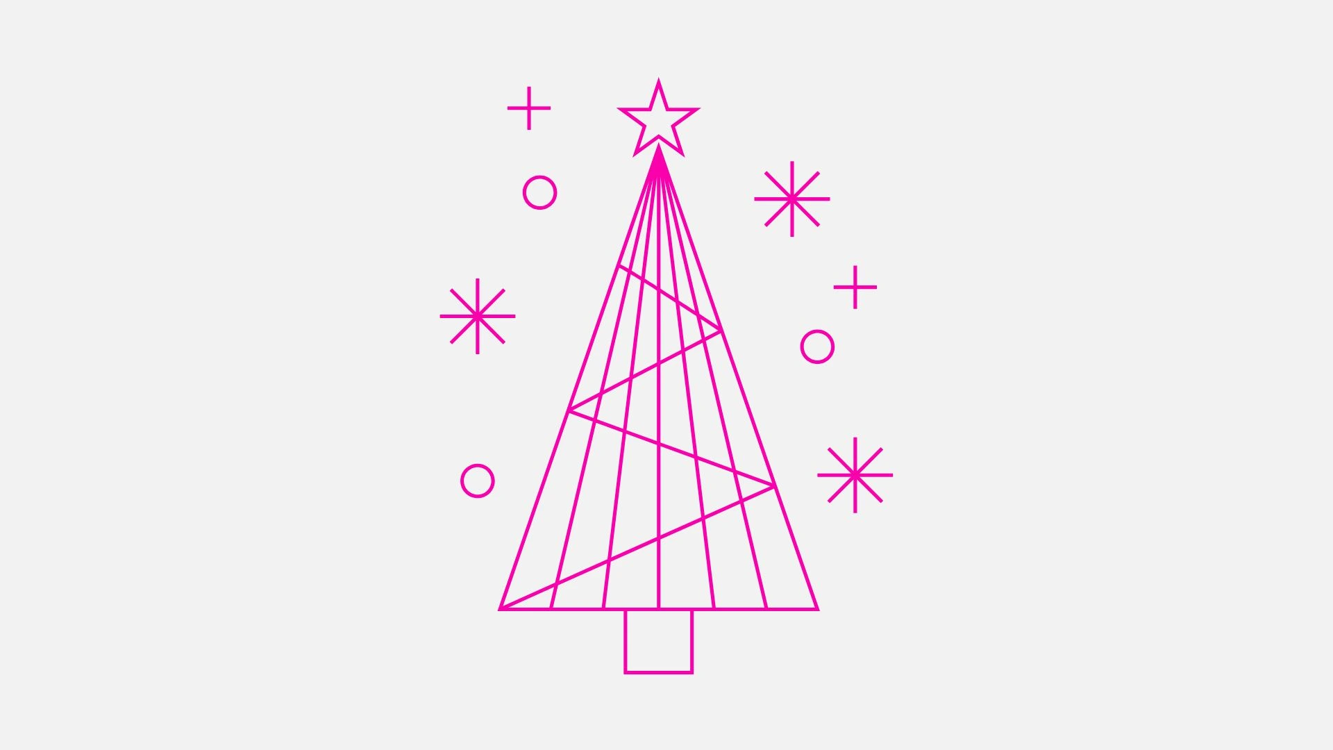 A minimalist, bright pink line drawing of a Christmas tree with a star on top, surrounded by simple stars, circles, and plus signs on a light grey background—perfect for lifting post-Christmas blues.