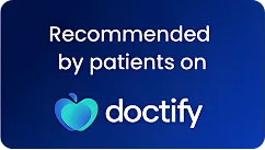A blue background with the text Recommended by patients on Doctify next to a stylised heart-shaped logo, referencing Private Psychotherapy Harley Street.