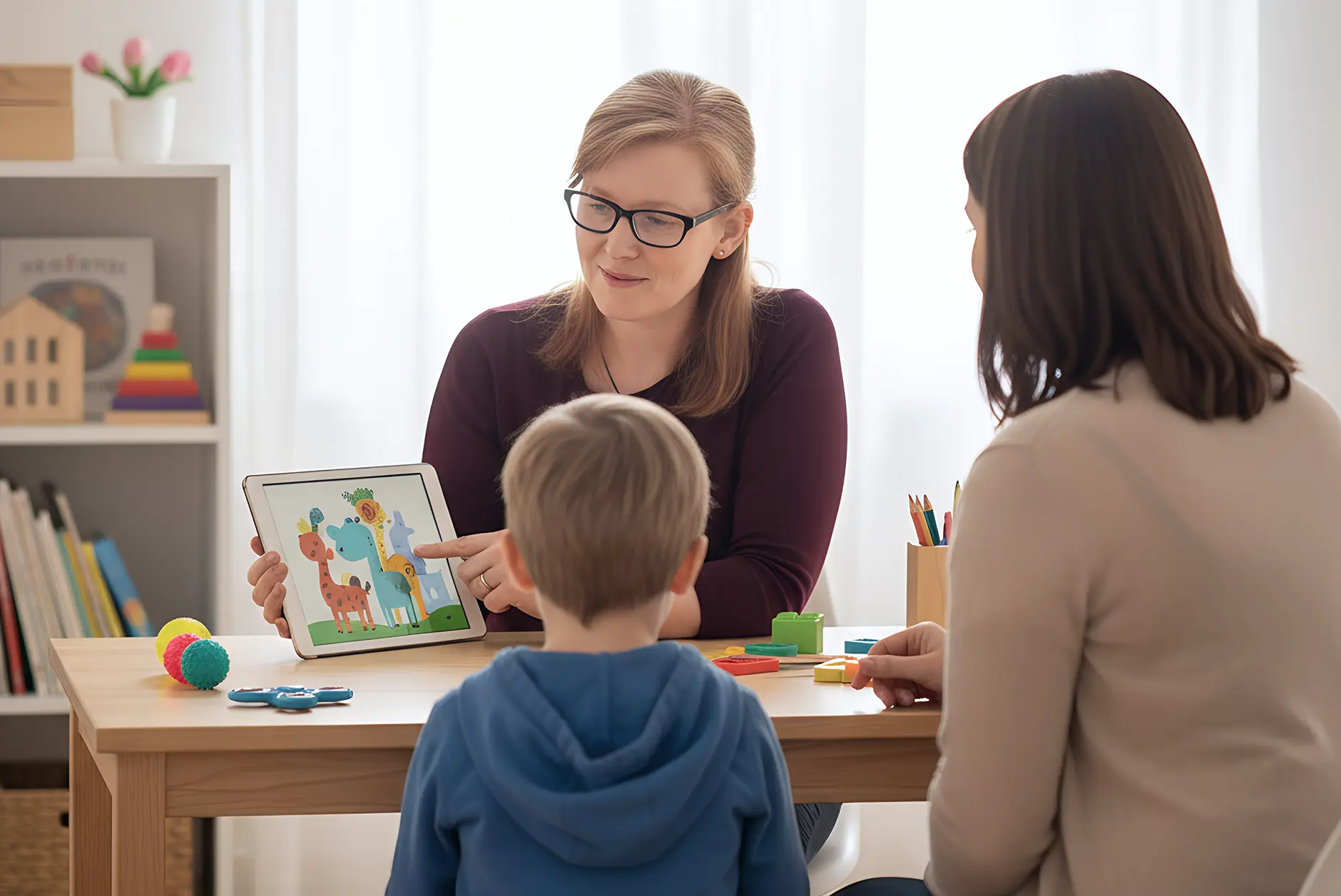 A woman shows a tablet with an animal picture to a child and another woman at a table in a bright room filled with toys and books, suggesting a learning or therapy session focused on parenting a child with ADHD and autism.