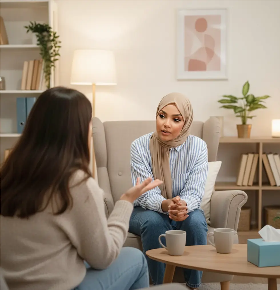 Two women sit opposite each other in a cosy living room, engaged in conversation about a private ADHD assessment London. One woman wears a hijab and listens attentively; the other gestures while speaking. Mugs and a tissue box sit on the table.