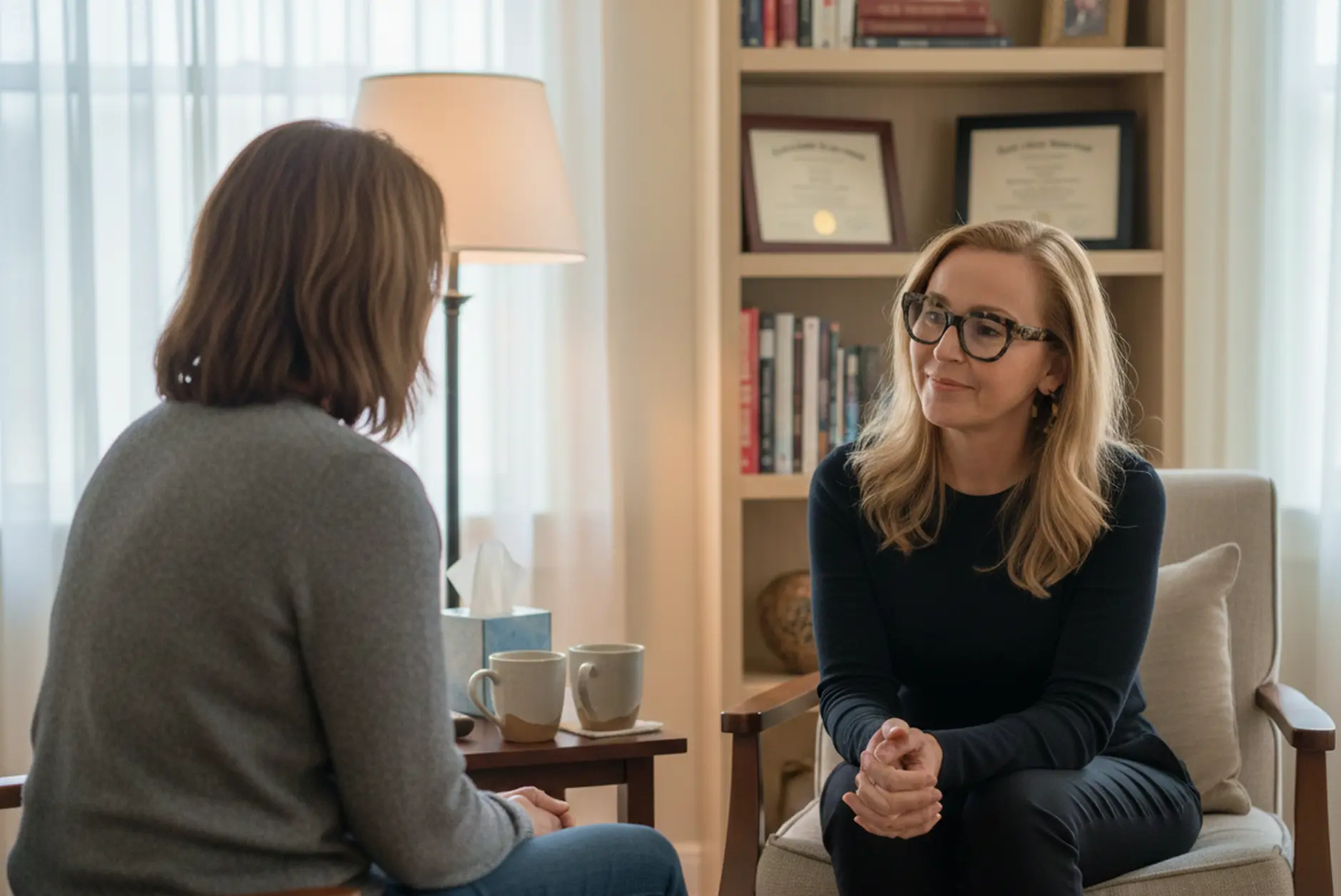 Two women sit facing each other in a cosy, well-lit room. One, wearing glasses, listens as the other asks, "Can you be autistic without knowing?" Books, diplomas, and a lamp are visible on shelves in the background.