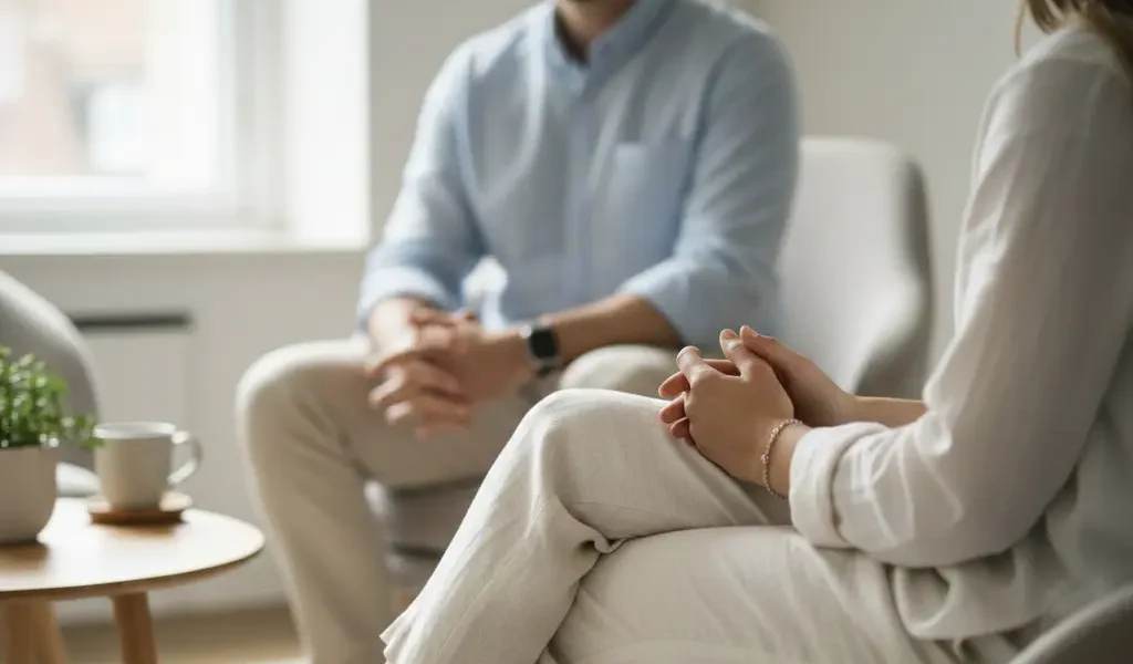 Two people sit opposite each other in a bright room, hands clasped on their laps, absorbed in a serious conversation about autistic shutdown versus meltdown. A coffee cup and potted plant rest on a small table nearby. Faces are not visible.