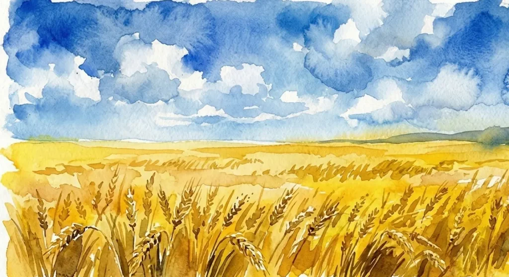 A watercolour painting of a golden wheat field under a blue sky with white clouds. The wheat sways gently in the foreground, echoing subtle whispers of grief and fear as it stretches towards distant, soft hills.