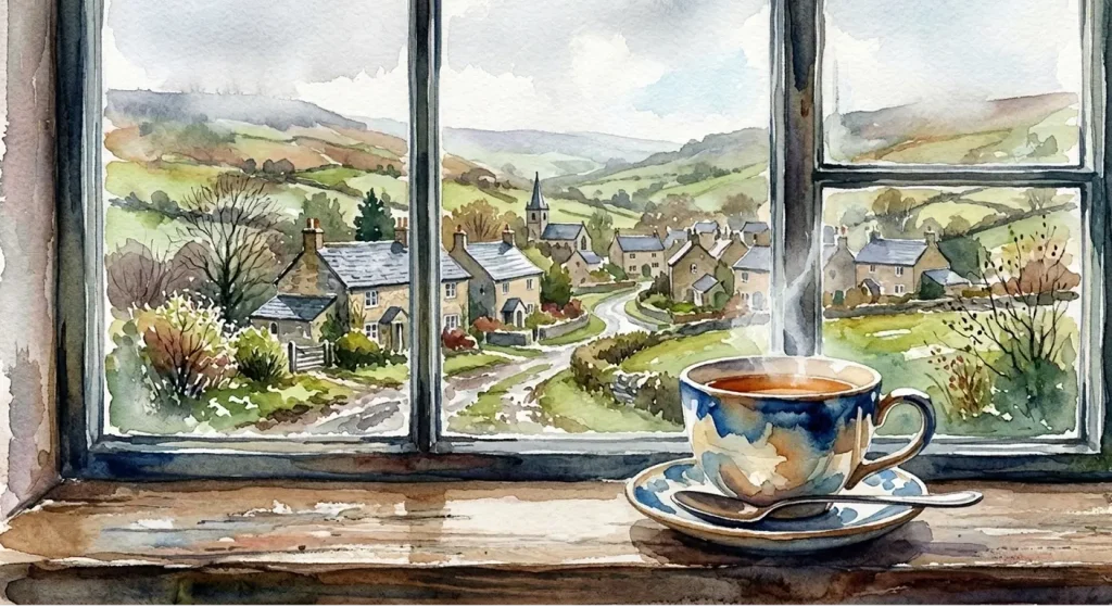 A steaming cup of tea sits on a windowsill, overlooking a picturesque village of stone cottages and winding roads, where green rolling hills under a cloudy sky seem to hold both grief and fear within their quiet beauty.