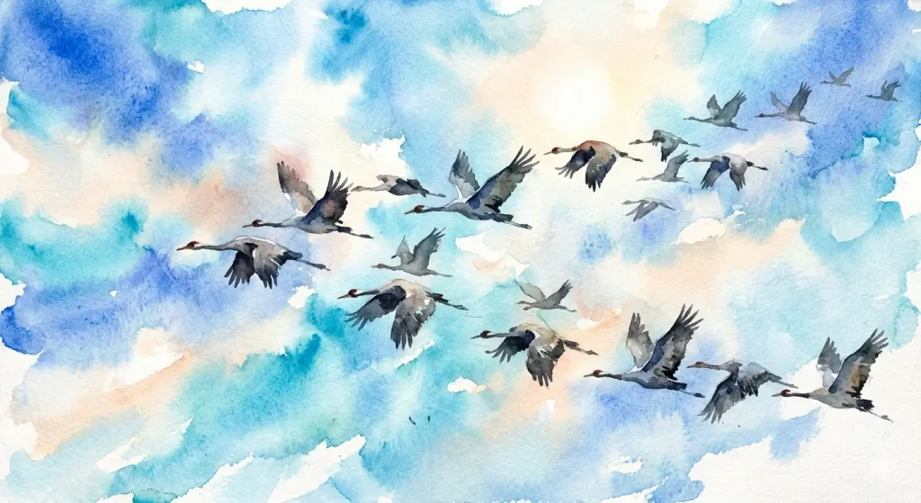 Watercolour painting of a flock of birds flying in a V-formation against a vibrant blue and white sky with soft, blended clouds, evoking themes of grief and fear as they journey together through open skies.