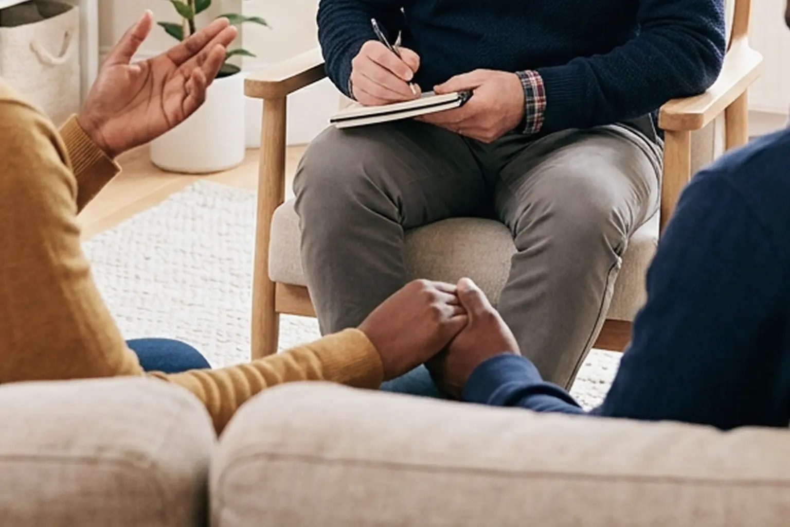 Two people sit close together on a sofa, holding hands, while another person sits opposite them taking notes—suggesting a therapy session focused on addressing relationship warning signs like the Four Horsemen identified by Gottman.