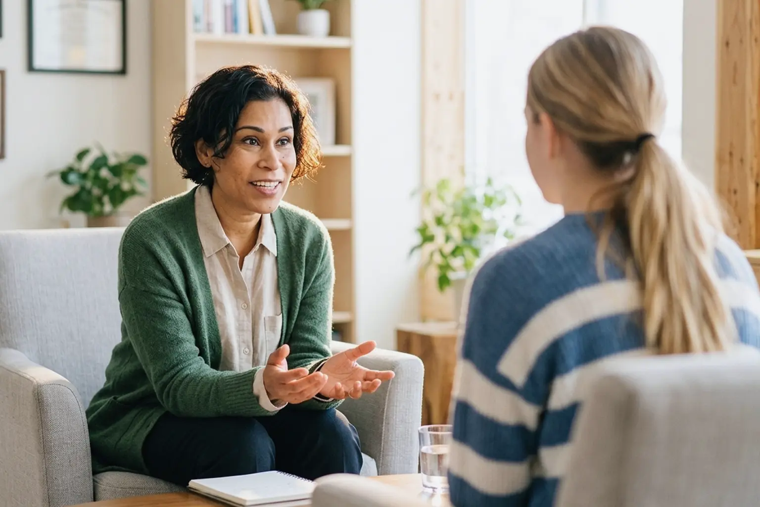 after-your-autism-diagnosis-practical-next-steps-and-therapeutic-support-in-london A woman in a green cardigan speaks with another woman in a striped jumper during a conversation with a couples counsellor in London in a bright, cosy room filled with plants and shelves.