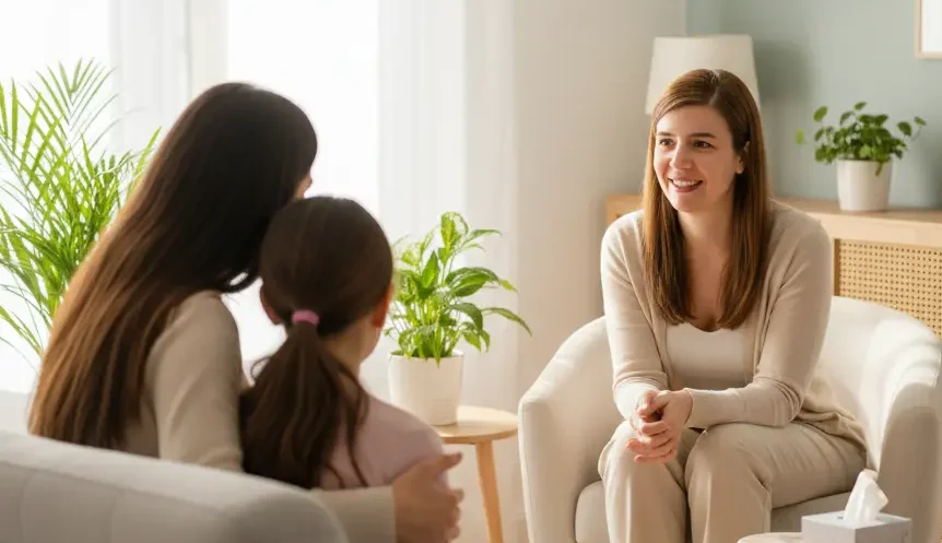 A woman and a young girl sit on a sofa facing a smiling therapist in a bright, cosy office with plants, framed art on the wall, and clear information about session fees displayed.