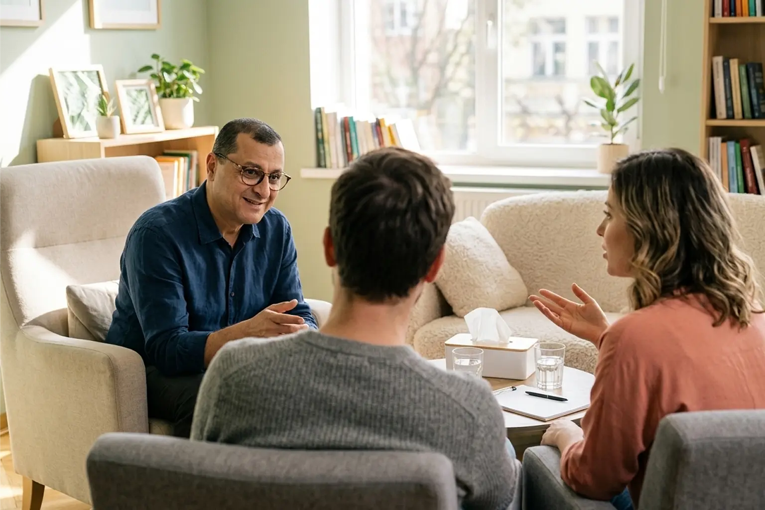 sex-and-intimacy-in-long-term-relationships-when-desire-fades-and-what-therapy-can-do A couples counsellor in London, wearing glasses, sits opposite a couple in a cosy room. Glasses of water, tissues, and notebooks rest on the table between them, with bookshelves and plants in the background.
