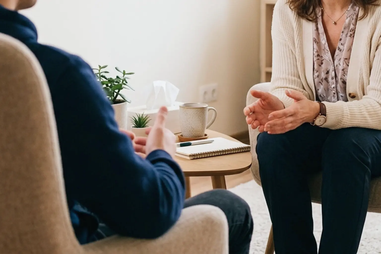 what-is-an-ados-assessment-what-to-expect-at-our-harley-street-clinic Two people sit opposite each other having a conversation with a couples therapist in London. A notepad, pen, cup, and box of tissues rest on the small table between them. Only their torsos and hands are visible.