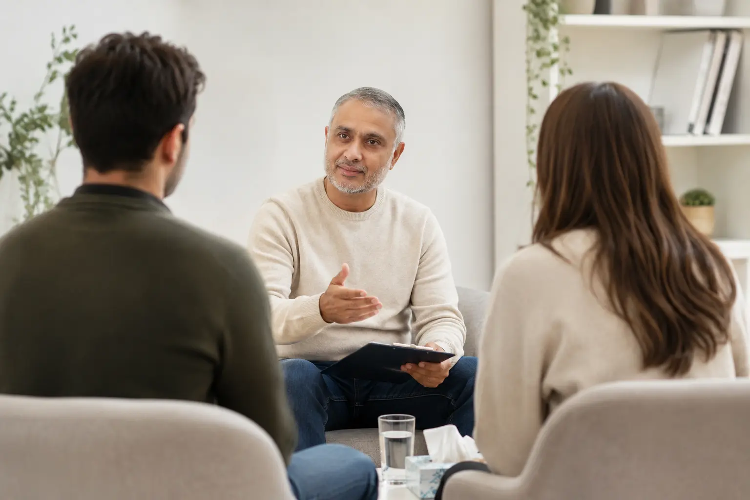 A middle-aged man offers relationship advice to a couple during a counselling session. He holds a tablet and gestures while the couple, seated opposite him, listens attentively in a bright, comfortable office—navigating challenges in long-term relationships.