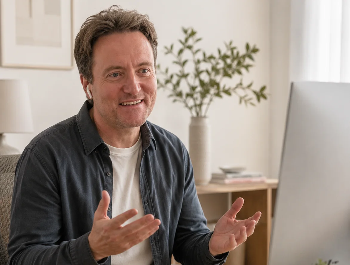 Online Therapy London A man with brown hair, wearing a dark shirt over a white T-shirt and wireless earphones, sits indoors, smiling and gesturing with his hands during a video call. A plant and lamp are visible in the background.
