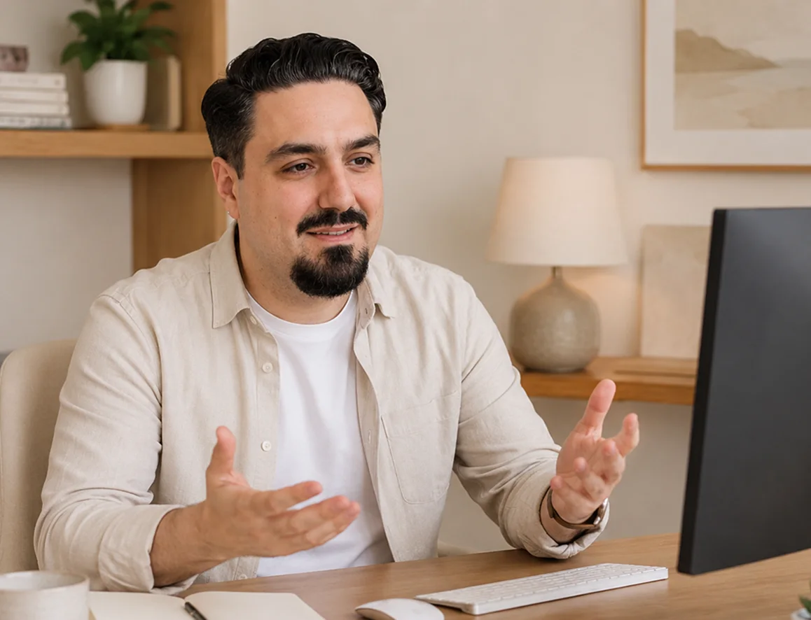 Online Therapy London A man with dark hair and a beard, wearing a beige shirt and white T-shirt, sits at a desk gesturing with his hands whilst looking at a computer monitor in a softly lit home office.