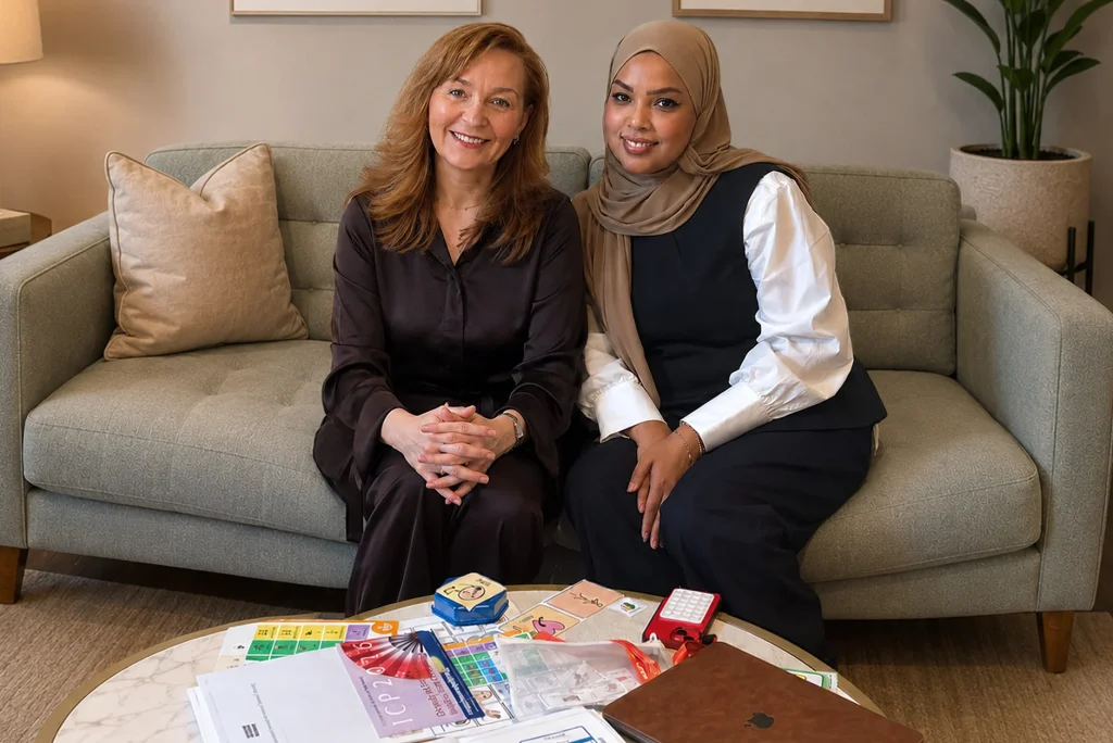 Two women sit on a sofa, smiling at the camera. In front of them on a table are educational materials, games, and a laptop. The setting appears to be an office or classroom, reflecting the collaborative environment of a multi-disciplinary team working together to support communication and learning.