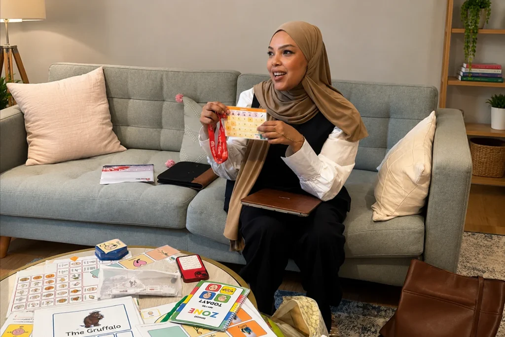 riffat-hussein-presenting-aac-training-to-ltt-multi-disciplinary-team-at-pinero-house-harley-street A woman in a hijab sits on a sofa holding up a lanyard and cards, surrounded by educational materials and books on a coffee table—reflecting her role as a specialist SLT working within a multi-disciplinary team.