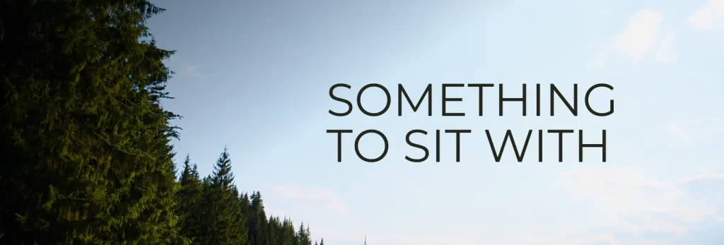 A forest of tall evergreen trees stands on the left, their silhouettes suggesting distance beneath a clear blue sky. Large text on the right reads, SOMETHING TO SIT WITH.