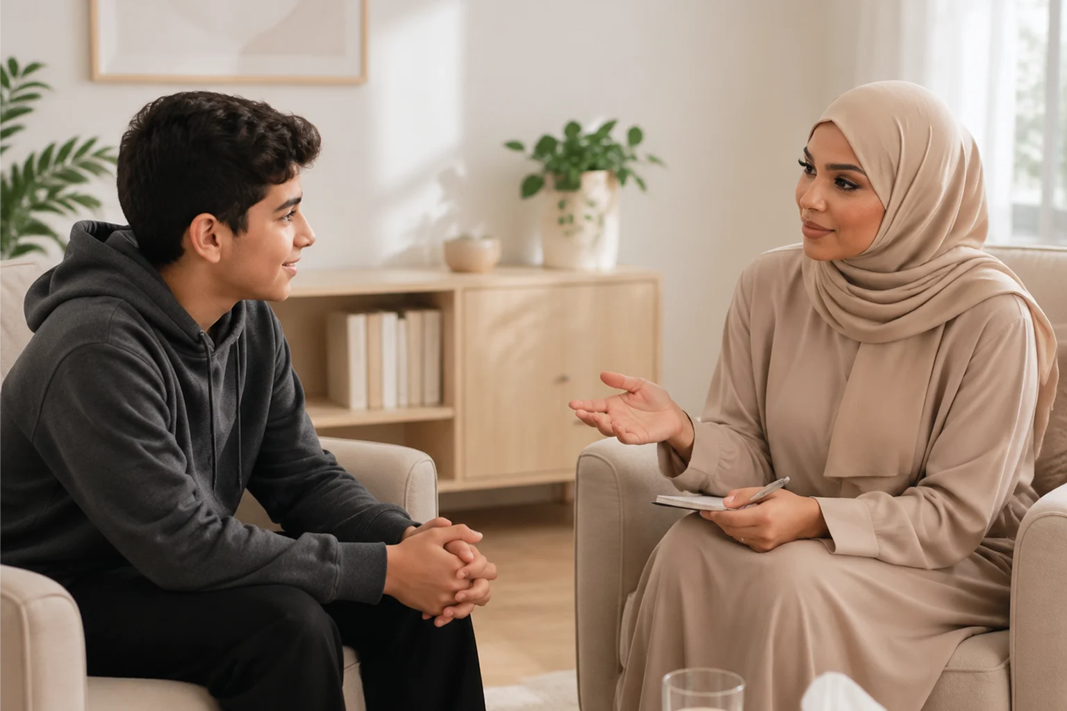 teenage mental health London / teen therapist London A woman in a beige hijab, possibly a therapist, talks with a teenage boy in a black hoodie. They sit facing each other in a cosy, well-lit room with plants and bookshelves in the background—an uplifting scene that highlights the supportive relationships celebrated on International Youth Day.